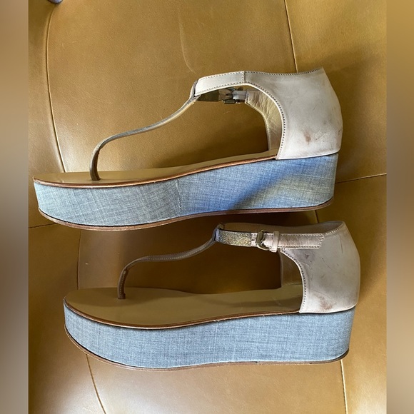 Brunello Cucinelli Platform T-Strap Sandals Gray Brown Size 36.5 Italian Wedge - Picture 4 of 13